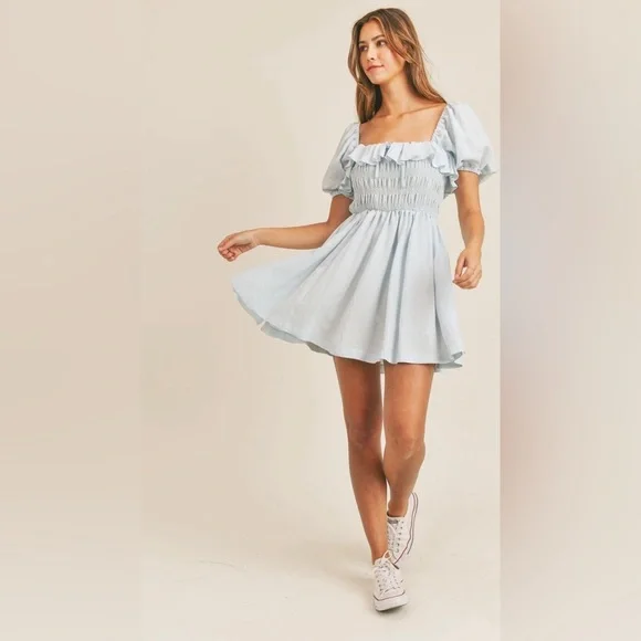 Mable AVA Mini Dress Light blue Puff Sleeve  smocked bodice Women's Size Medium - Picture 2 of 12